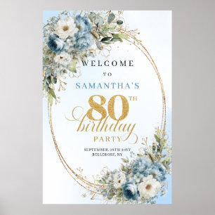 Poster Cadre élégant poussiéreux bleu floral doré 80ème a