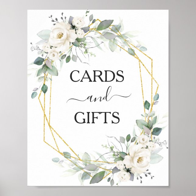 Poster Cadre en or floral blanc mariage Cartes & Cadeaux (Devant)