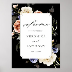 Poster Cadre Floral Jardin Elégant Mariage Bienvenue Noir