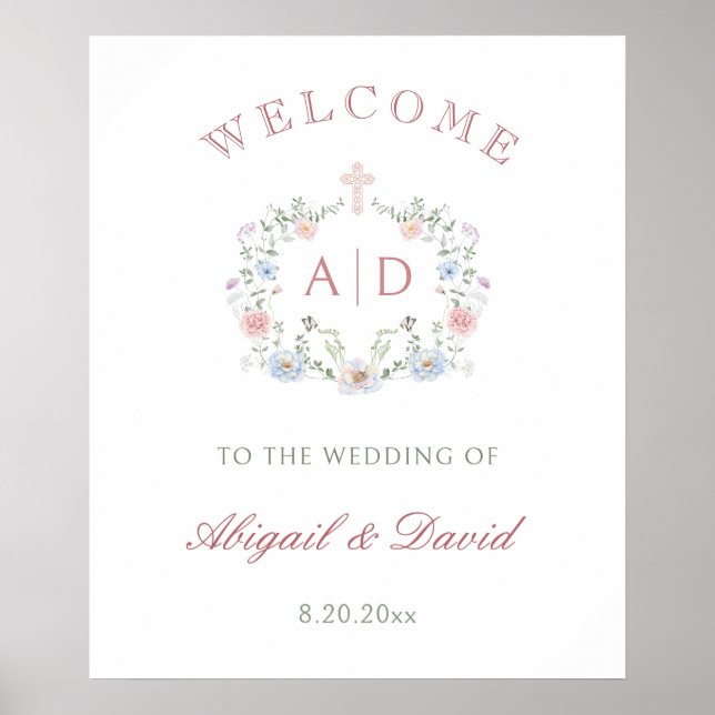 Poster Cadre Floral Mariage religieux Monogrammes Bienven (Devant)