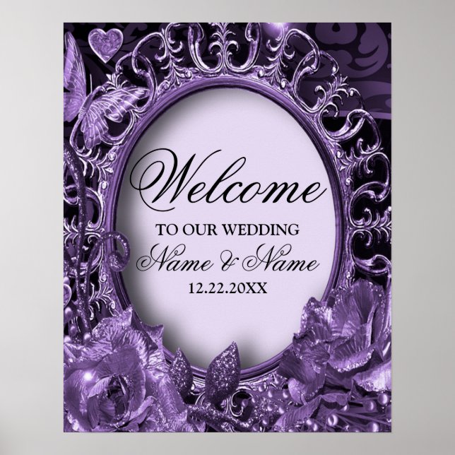 Poster Cadre floral violet élégant de la fête de mariage  (Devant)
