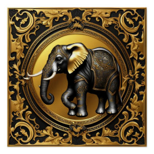 Poster Cadre ornemental en or éléphant