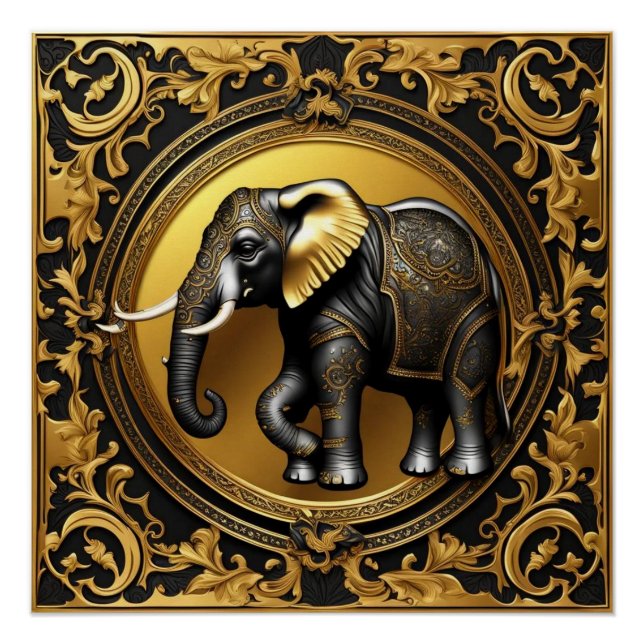 Poster Cadre ornemental en or éléphant (Devant)