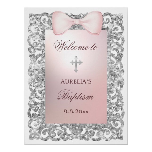 Poster Cadre Parties scintillant Argent Bow rose Baptême  (Devant)
