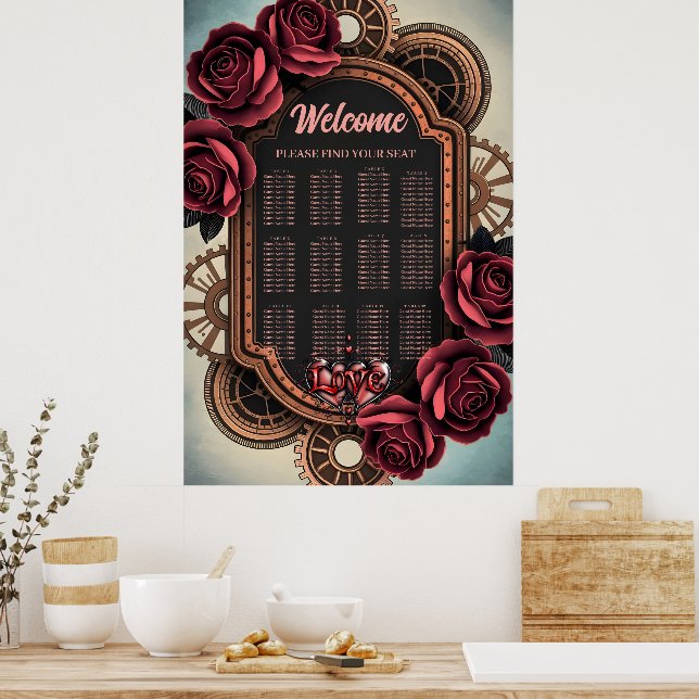 Poster Cadre Steampunk avec Roses rouges et Engrenages (Cuisine)