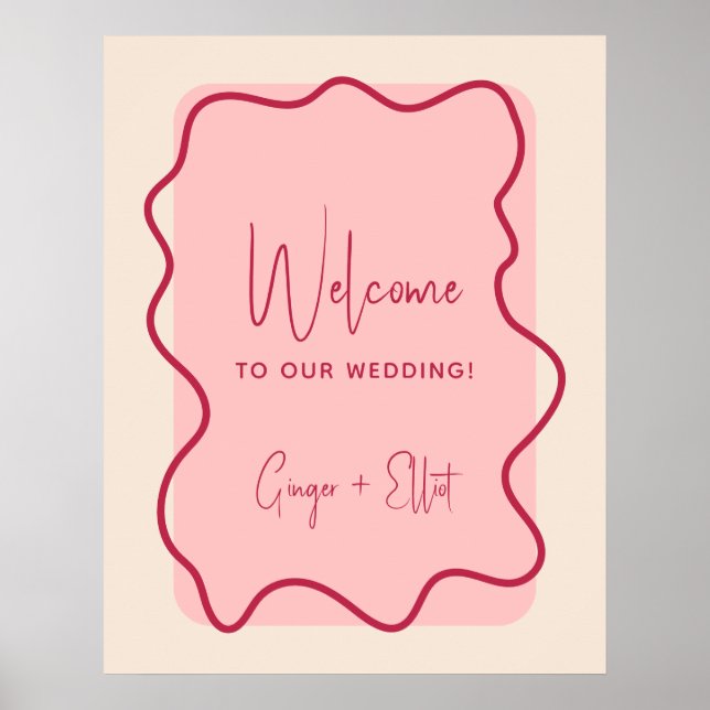 Poster Cadre Wavy moderne Magenta Mariage rose Bienvenue (Devant)
