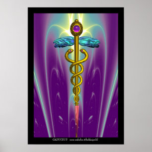 Poster Caducée Médical Symbole Or Vagues Violettes Vertes