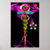CADUCUS D'OR ET 7 CHAKRAS EN ROSE FRACTAL ROSE