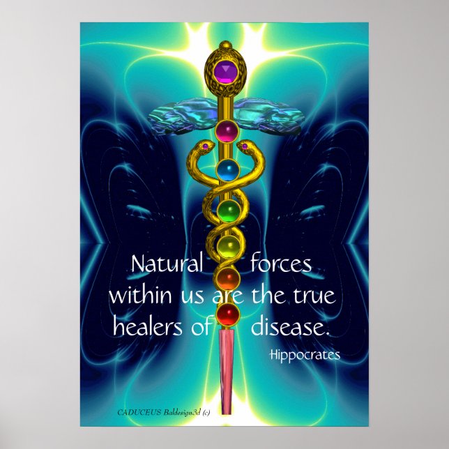 POSTER CADUCUS D'OR ET 7 CHAKRAS EN VAGUES BLEU TURQUOISE (Devant)