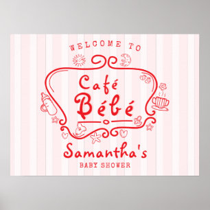 Poster Café Bébé Baby shower français moderne rose rouge 
