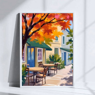 Poster Café d'automne Aquarelle Art du feuillage d'automn