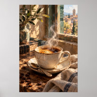 Café fumant près d'une fenêtre ensoleillée – Matin