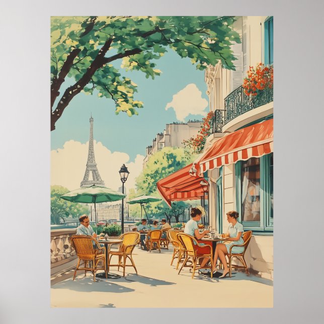 Poster Café parisien avec vue Eiffel (Devant)
