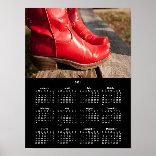 Poster Calendrier 2021 des bottes de cowboy rouges élégan (Devant)