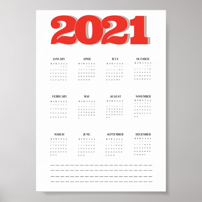 Poster Calendrier 2021 pour affichage mural (Devant)