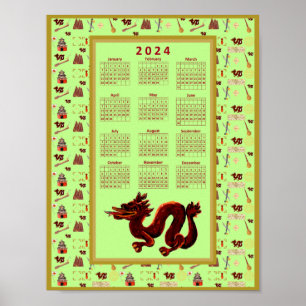 Poster Calendrier 2024 Année du Dragon Musique Chance