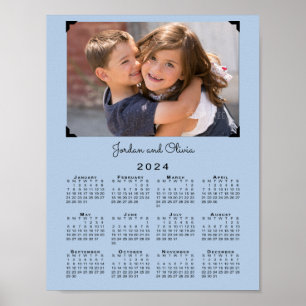 Poster Calendrier 2024 avec votre photo et nom bleu clair