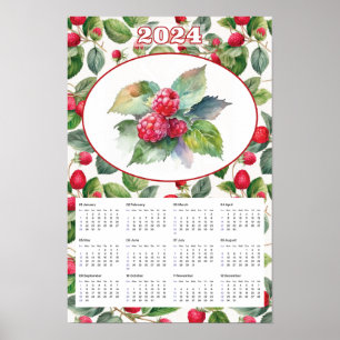 Poster Calendrier 2024 Framboises Vintage Aquarelle 