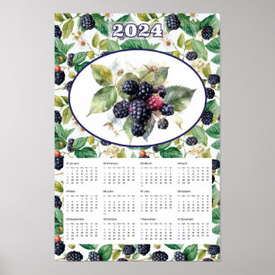 Poster Calendrier 2024 Mûres à l'aquarelle Vintage 