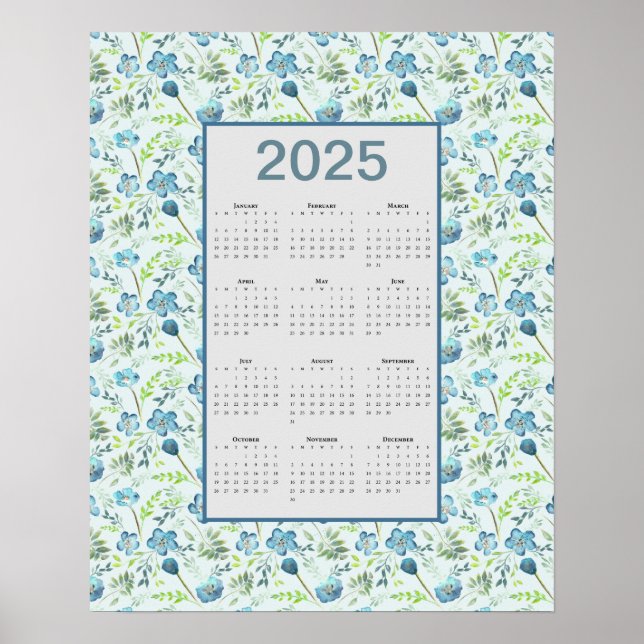 Poster Calendrier 2025 Année complète Floral bleu (Devant)