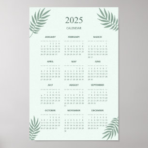 Poster Calendrier 2025 Boho Floral Esthétique Vert Menthe