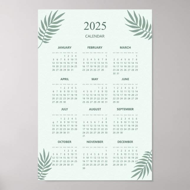 Poster Calendrier 2025 Boho Floral Esthétique Vert Menthe (Devant)