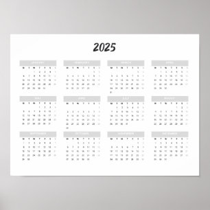 Poster Calendrier 2025 par mois Maison École Bureau Mur