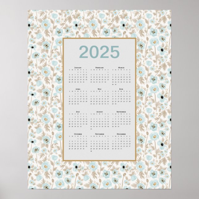 Poster Calendrier 2025 Pleine année Crème Bleue Poppies (Devant)