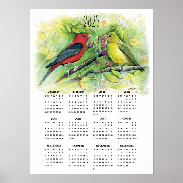 Poster Calendrier 2025 Scarlet Tanager Couple (Devant)