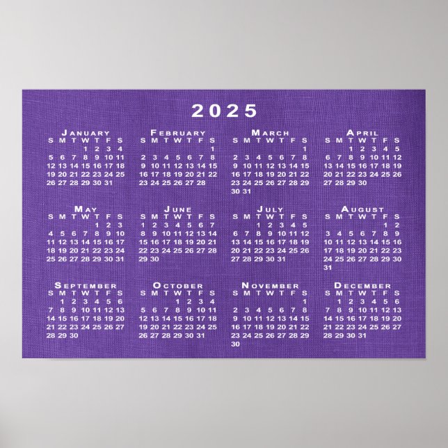 Poster Calendrier 2025 sur la texture de lin pourpre Phot (Devant)