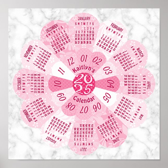 Poster Calendrier 2025 Unique Arrondi Boho Rose Flower Pe (Devant)