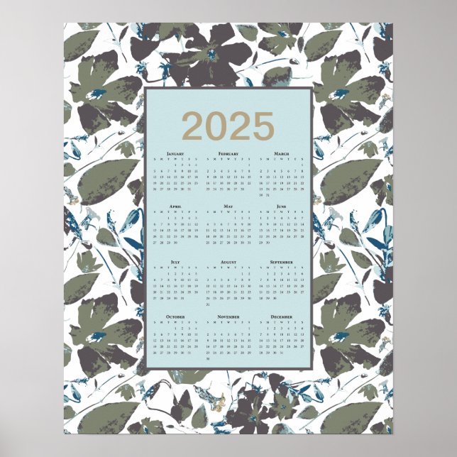 Poster Calendrier 2025 Vert Bleu Clematis Floral (Devant)