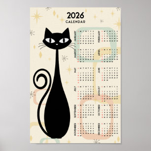 Poster Calendrier 2026 Atomic Retro Black Cat Mid Century
