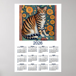 Poster Calendrier 2026 avec art folklorique de chat tigré
