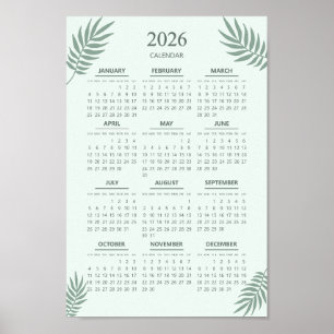 Poster Calendrier 2026 Boho Floral Esthétique Vert Menthe