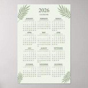 Poster Calendrier 2026 Boho Floral Esthétique Vert Sauge