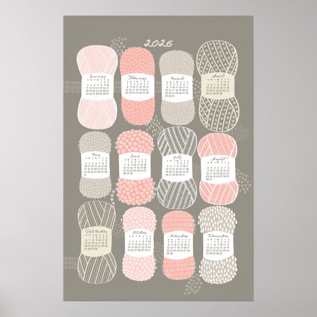 Poster Calendrier 2026 Broderie Beige et Rose (Devant)