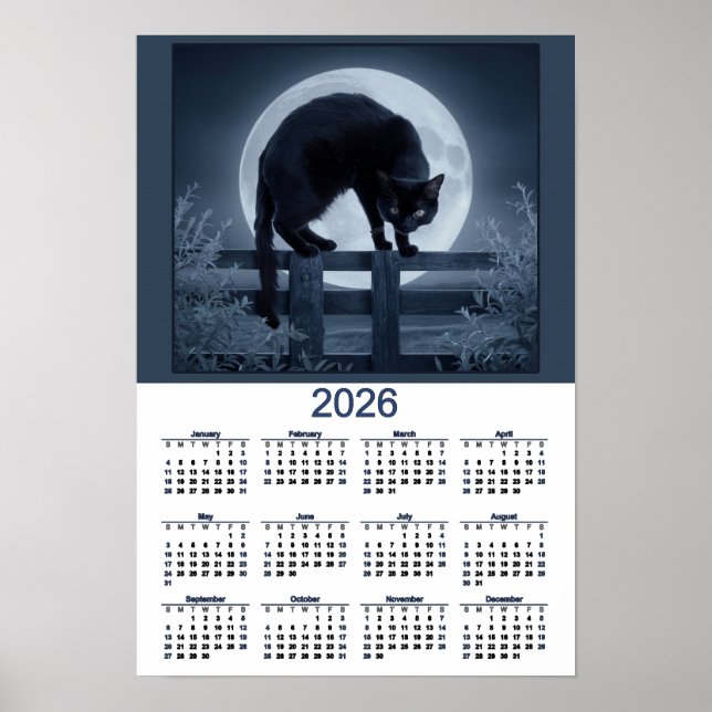 Poster Calendrier 2026 Chat Noir sur une Clôture avec Ple (Devant)