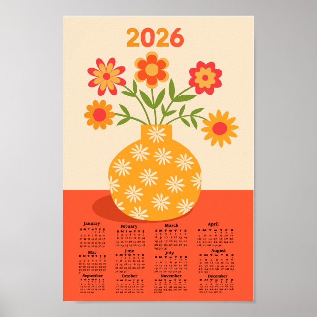 Poster Calendrier 2026 du vase de fleurs rétro des années (Devant)