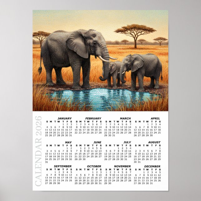 Poster Calendrier 2026, Éléphants d'Afrique, Safari, Afri (Devant)