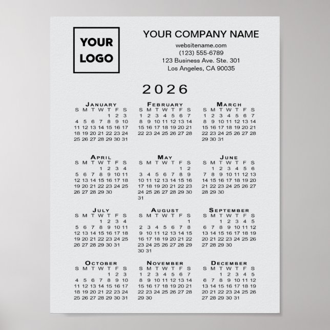 Poster Calendrier 2026 Logo d'entreprise et texte gris cl (Devant)