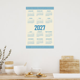 Poster Calendrier 2027, Frette Grecque, Bleu sur Latte Co