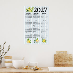 Poster Calendrier 2027 Style Italien Citrons Rayures Bleu