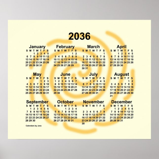 Poster Calendrier 2036 de jours ensoleillés par Janz (Devant)