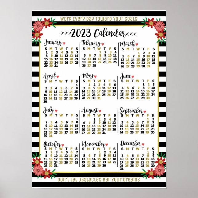 Poster Calendrier annuel 2023 Rayures florales | Texte pe (Devant)