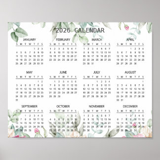 Poster Calendrier Botanique Floral Élégant Simple 2026 | 