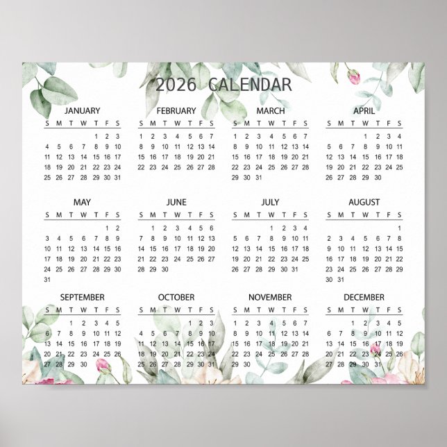 Poster Calendrier Botanique Floral Élégant Simple 2026 |  (Devant)