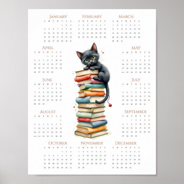 Poster Calendrier Chat & Livre Empilés 2026 Une Page Fant (Devant)