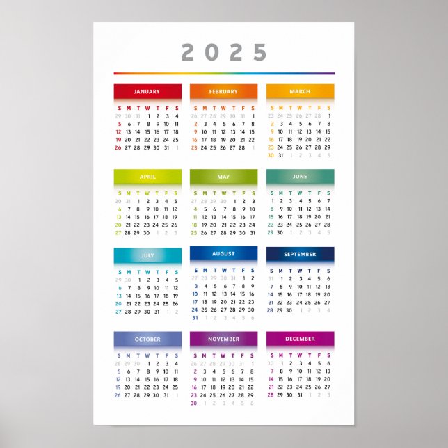 Poster Calendrier Coloré 2025 - Couleurs Arc-en-Ciel 3 Co (Devant)