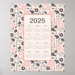 Poster Calendrier complet de l'année 2025 Rose Grey Botan